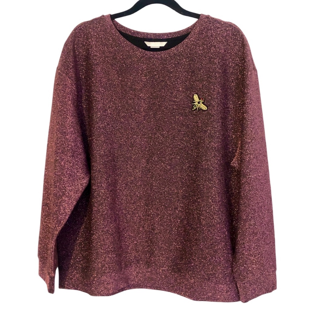 H&M Dark Pink Metallic Shimmer Sparkle Rhinestone Broach Sweatshirt Style Top